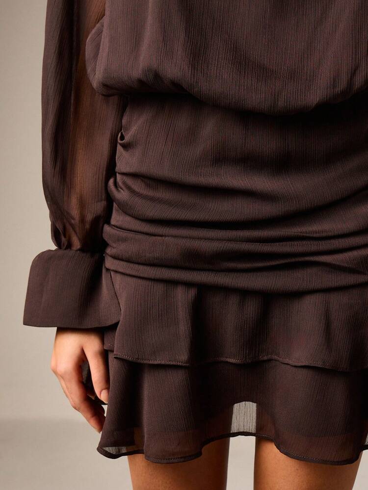 AiiRZ Ruched Turtleneck Long Sleeve Mini Dress With Tiered Ruffle Skirt Fall Winter Party Blouson Bodycon