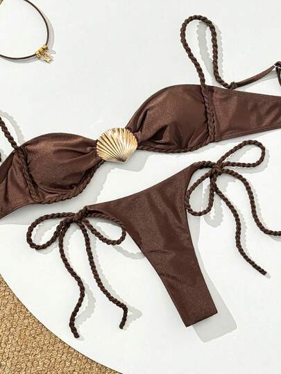 Swim Vcay Conjunto de bikini de vacaciones con parte superior bandeau, tiras ajustables y decoración de concha metálica de unicolor para mujer