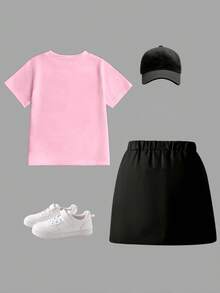 SHEIN Explorewe 两件套女童休闲时尚春夏套装，卡通人物甜美设计，短袖圆领T恤搭配工装裙，舒适的短袖圆领T恤搭配打底裤，适合春夏穿着，时尚休闲，街头风，户外野餐，上学，聚会，礼物 - 彩色 - 查看 2