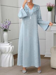 Al Najma Luxurious Embroidered & Beaded Long Sleeve Maxi Dress, Turkish & Arabic Traditional Style Kaftan Jalabiya Dress - Blue - View 4