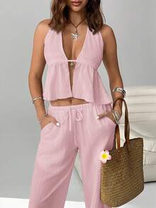 SHEIN EZwear Bộ 2 món đồ dệt kim thường ngày dành cho nữ, áo hở lưng và quần dài, mùa xuân/hè - Hồng - Xem 3