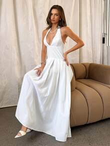 Aloruh 女士吊带褶皱优雅性感复古假日派对连衣裙 - 白色 - 查看 8