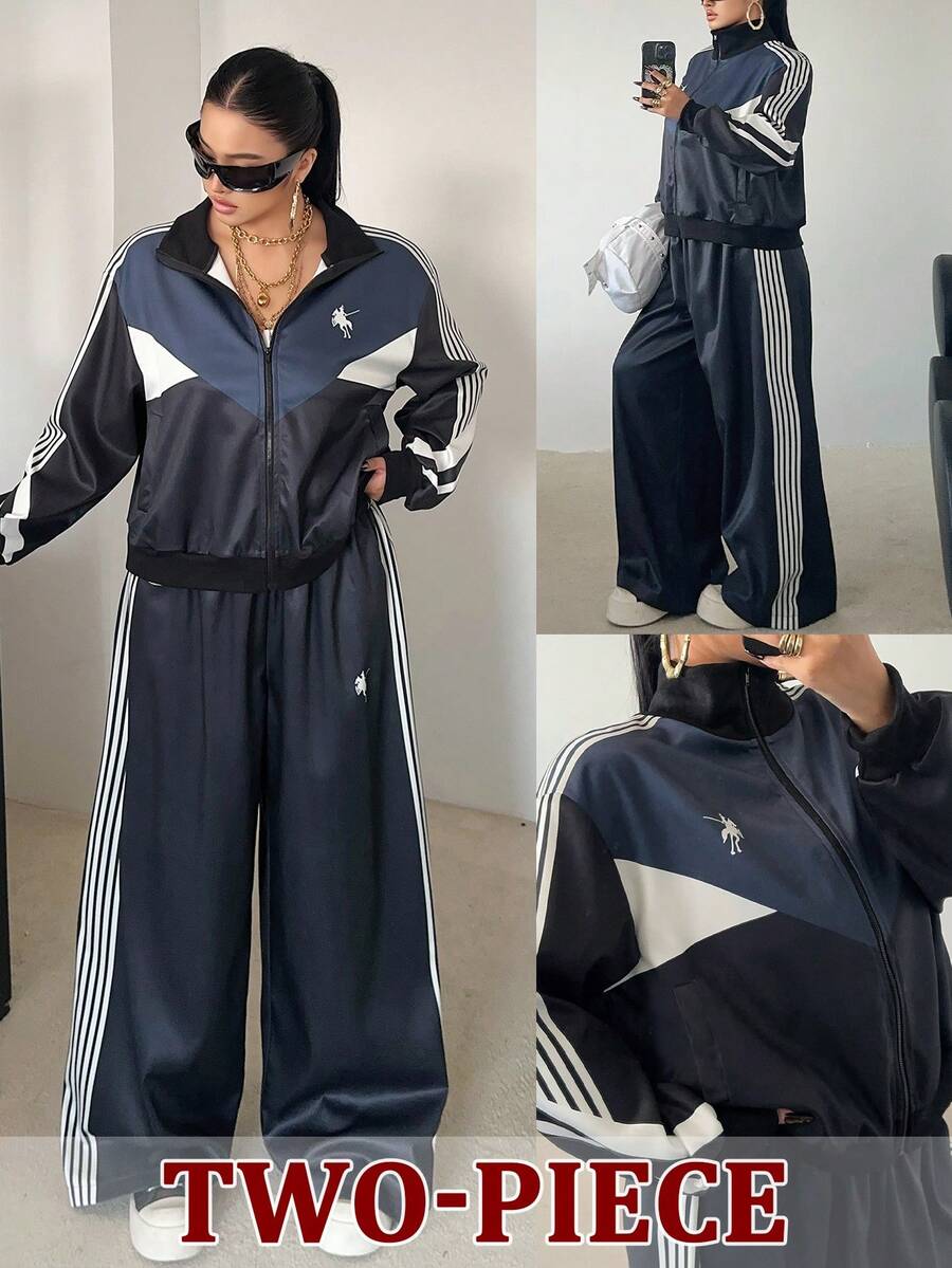 POPSWAY Jaqueta de Zíper Manga Longa com Contraste de Cor Preto e Azul + Calça Reta Solta com Recorte Contrastante, Conjunto Elegante Retrô Casual de Férias e Faculdade, Estilo 2 Peças, Outono/Inverno - Multicolorido - Visão 1