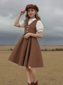 女童彩色拼接背心，荷叶边领口，优雅连体连衣裙，适合生日派对、日常穿着、春夏穿着 - 棕色 - 查看 2