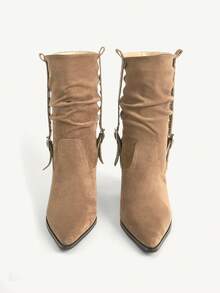 CUCCOO CHICEST Women's Fashion Versatile Commuter Buckle Pointed Toe Mid-Calf Boots - Khaki - View 9