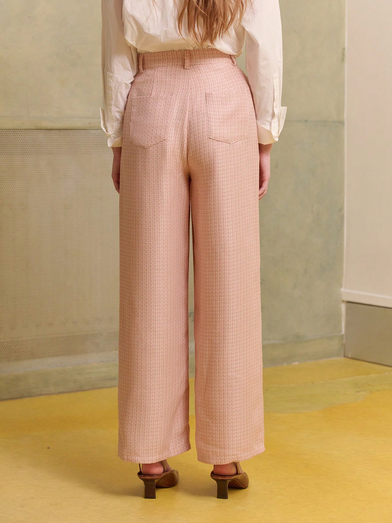 Chic Vintage Pink Tweed Wide Leg Trousers With A Flattering Tailored Silhouette Office Outfits Elegant Pants For Women Pleated Pants