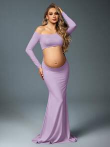 MaterniChic 1 Set Maternity Off-Shoulder Long Sleeve Top And Elastic Waist Mermaid Skirt, Suitable For Photoshoot, Black - Purple - View 5