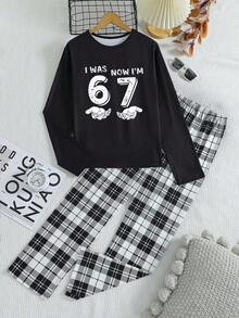 Tween Boys 2pcs Pajama Set, Black Graphic Print Long Sleeve Top & Plaid Pants, Spring/Autumn Boys Pajama Set - Black - View 1