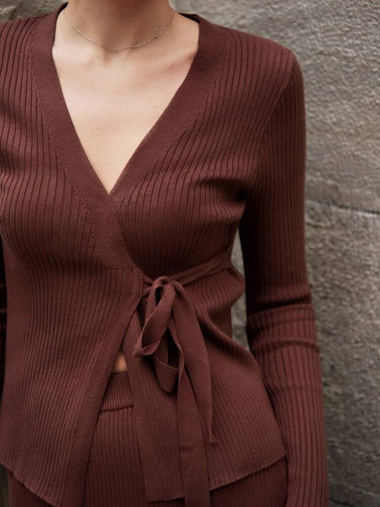 Women's Shades Of Brown Knitted Blend Oversized Stand Collar Sweater&Drawstring Waist Wide Leg Pants Set,Autumn Elegant Office Urban Old Money Outfit