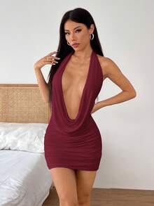 SHEIN EZwear 女士酒红色V领短款休闲连衣裙，夏季派对连衣裙，情人节连衣裙 - 酒紅色 - 查看 4