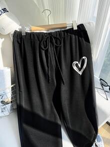 Comfortcana Plus Heart Print Drawstring Waist Joggers - Black - View 3