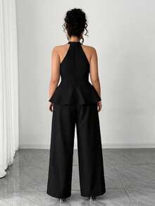 Elenzga Elegant Black Sleeveless Halterneck Plus Size Jumpsuit With Stand Collar And Shell Button Details Perfect Classy Co Ord Set - Black - View 2