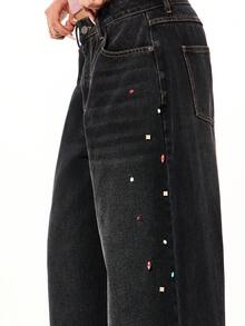 SUMWON WOMEN Jewel Embellished High Rise Wide Leg Baggy Denim Jeans With Multicolor Rhinestone Side Trim Details - Black - View 4