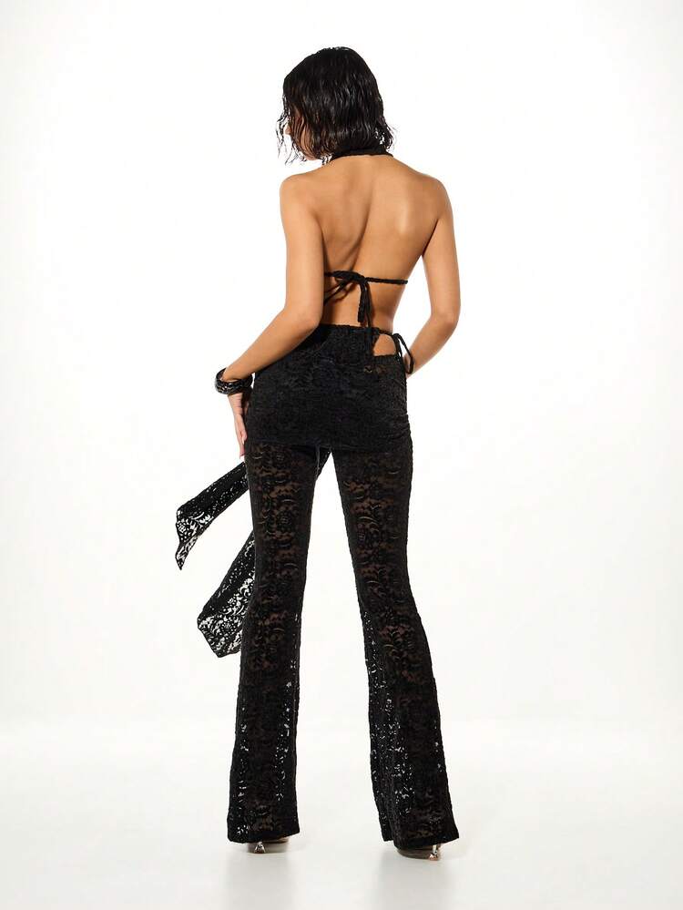 SUMWON WOMEN Lace Plunge Bodysuit And Flare Trouser Set