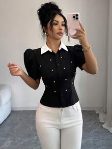 SHEIN Elenzya 优雅修身黑白撞色珍珠装饰开襟泡泡袖女式衬衫 - 黑色 - 查看 7