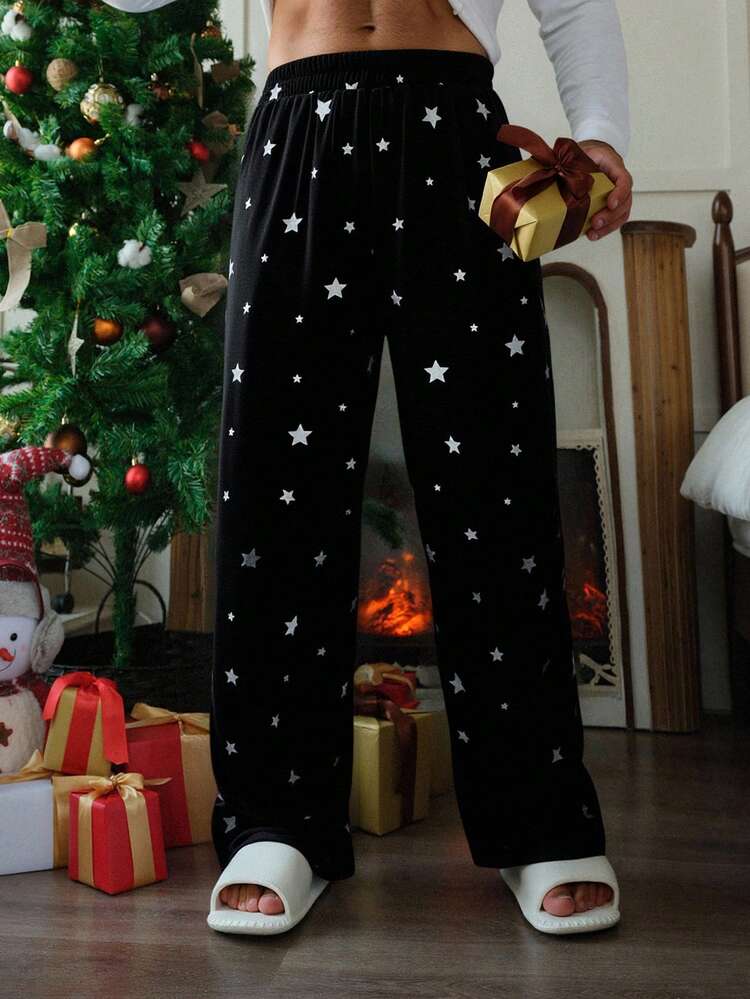Men's Black Star Print Elastic Waist Lounge Pants, Spring/Autumn