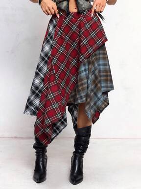 ROMWE Avant Asymmetrical Plaid Maxi Skirt, Collegiate Style
