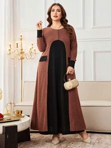 Al Najma 大码女式土耳其阿拉伯风格拼接长袖休闲舒适连衣裙，秋冬款