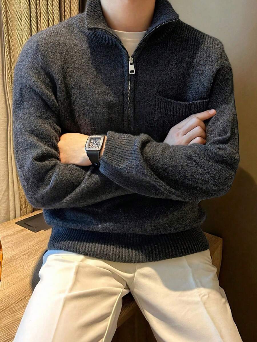 Manfinity Homme 男士休闲半拉链高领长袖毛衣，灰色，秋冬休闲拉链高领毛衣