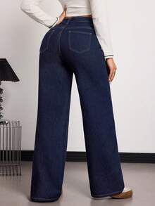 SHEIN Tall 冬夏女式休闲街头风交叉腰带设计舒适显瘦蓝色水洗直筒牛仔裤 - 深色水洗藍 - 查看 2