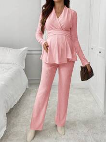 SHEIN 2pcs Maternity Elegant Commuter Solid Color High Waist Top And Pants Set - Baby Pink - View 4