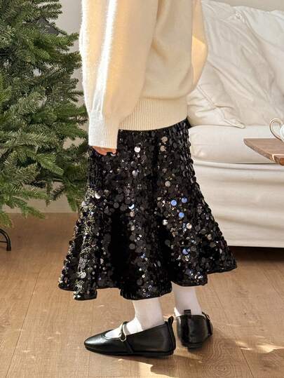 DAZY Young Girls Heavily Embellished Sequin Mermaid Tail Solid Color Skirt