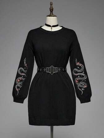 Gothic Snake Embroidery Pullover Sweater Dress For Women