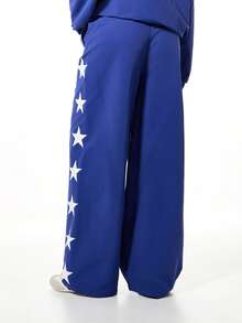 SUMWON WOMEN 宽腿运动裤，侧边拼接白色星星印花设计，抽绳腰带，宽松版型，休闲运动裤，居家休闲裤 - 藍色 - 查看 2