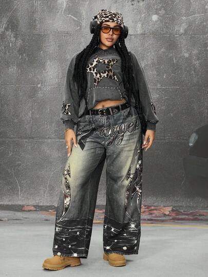 Grunge Punk Jeans imprimés de strass style grunge-punk lavé Y2K, pantalon en jean grande taille