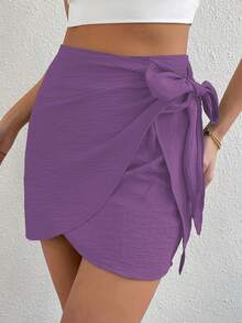 Breezaya Solid Color Textured Fabric Tie-Up Fashionable Summer Versatile Mini Skirt - Violet Purple - View 5