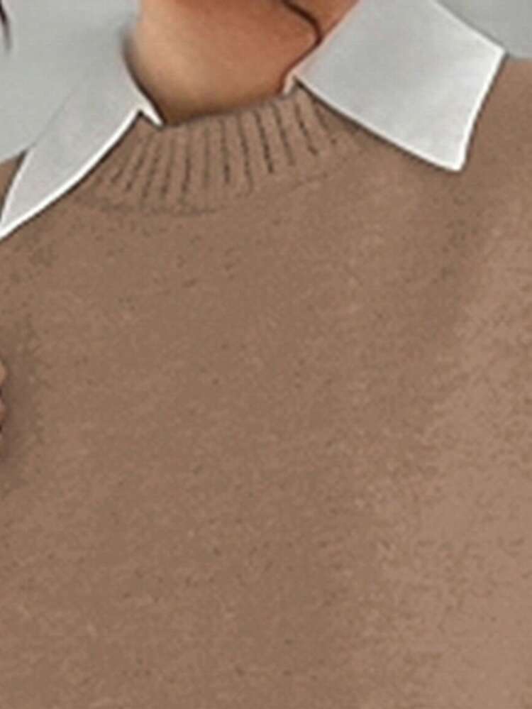 Elenzga Váy len cổ tròn màu trơn cỡ lớn cho nữ - Màu Khaki - Xem 3