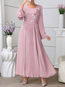 Al Najma Elegant Embroidered Beaded Romantic Dress For Women - Pink - View 1