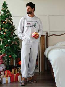 DAZY Conjunto de sudadera y pantalones de chándal con estampado de letras para hombre, ropa de estar por casa, pijamas de otoño - Gris - Ver 4