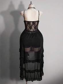 SHEIN ICON Plus Size Women's Retro Elegant Sexy Fashion Individual Millennial Style Y2K Dark Gothic Outfit Avant-Garde Bold Urban Modern Lace Patchwork Mesh Sheer Multi-Layered Ruffles Short In Front Long In Back Black Slim Fit Heavy-Duty Camisole - Black - View 2