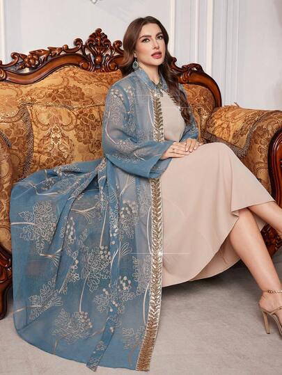 Layrah Embroidered Patchwork Waist Belt Beaded Abaya Robe For Plus Size Women