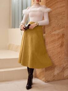 Modelyn Solid Color Faux Suede Flared Elegant Long Skirt For Women - Yellow - View 4