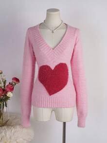 SHEIN Unity Casual Women's Pink V Neck Long Sleeve Heart Pattern Knitwear Pullover Sweater With Rib-Knit Details - Pink - View 3