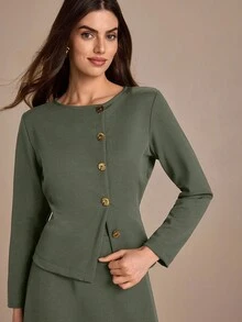 CLARA VERO Women, Autumnn, Long Sleeve, Two Set, Top, Skirt, Split, - Army Green - View 6