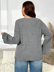 SHEIN Frenchy Áo len cardigan dệt kim tay dài cổ chữ V sâu cài nút ngọc trai cỡ lớn, công sở - màu đen - Xem 2