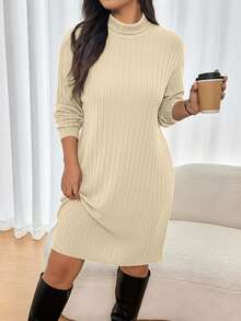 SHEIN Frenchy 大码女式纯色高领落肩长袖休闲罗纹宽松连衣裙 - 淡黃色 - 查看 6