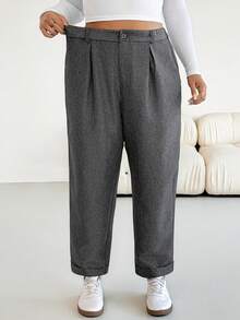 SHEIN Essnce 大码女装秋冬时尚休闲宽松舒适日常百搭灰色弹力腰锥形裤，女式下装，工作裤，简约风格 - 灰色 - 查看 6