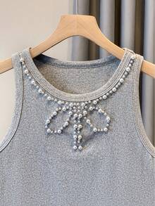 Franclia 女士纯色简约珍珠装饰圆领吊带衫 - 灰色 - 查看 4