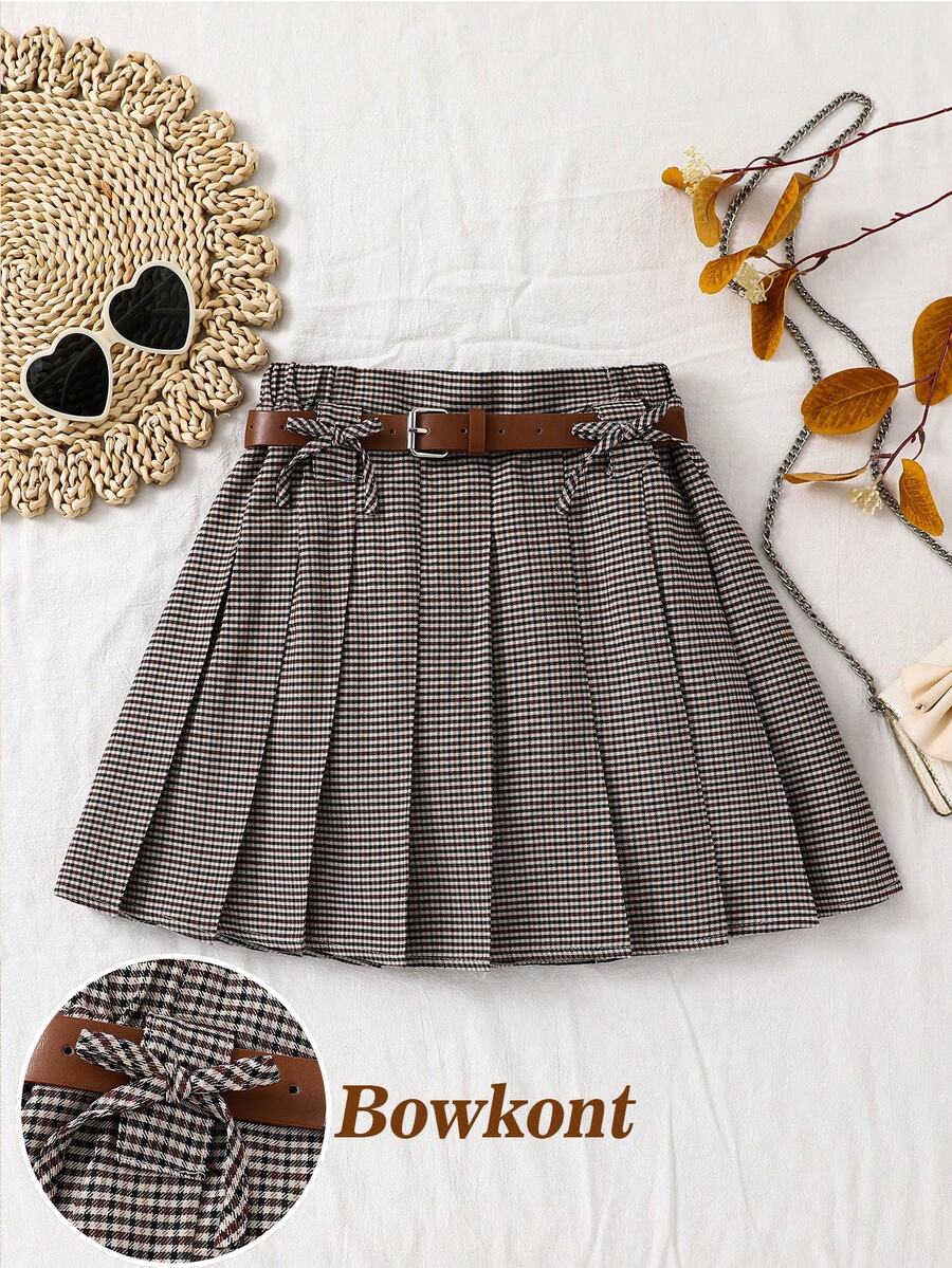SHEIN 少女复古格子百褶裙，配腰带，格子裙，学生制服裙，棕色格子裙，秋冬款