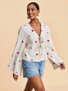 Travachic Damen Lässig Bluse mit gewebtem Herz-Stickerei, Fledermausärmel, ideal für Frühling, Sommer, Valentinstag, Strand, Lässig Urlaub, Ausgehen, Herz-Muster Stickerei, Urlaubs-Lässig, Sommerurlaub, Frühlingspause, Party, Strand, Frühling, Karnevalskostüm, Elegant - Aprikosenfarben - Übersicht 7