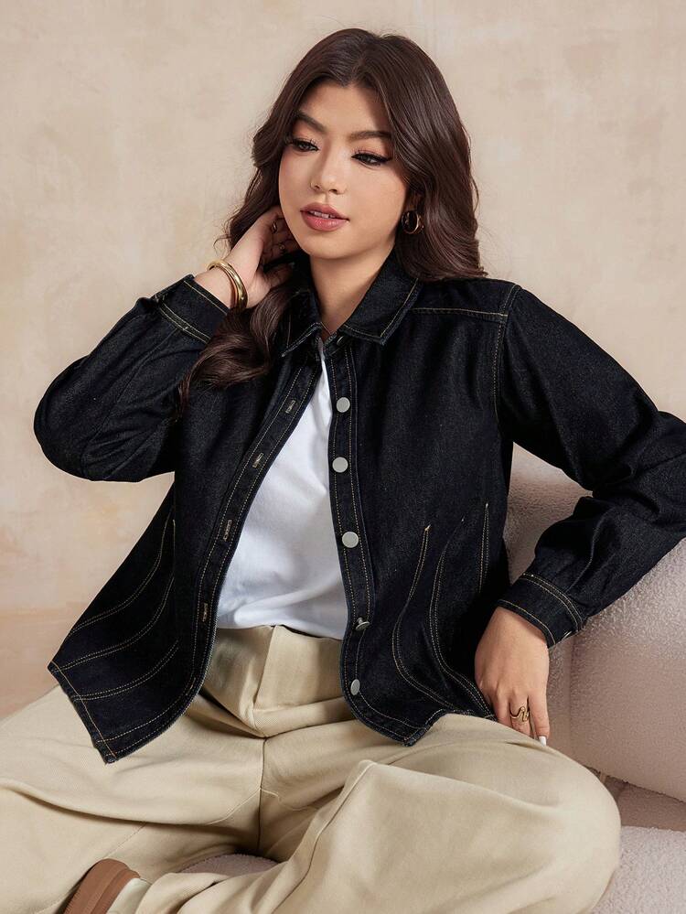 Dazy Plus Washed Black Denim Cinched Waist Shirt Design Short Denim Top Long Sleeve Jacket, Spring/Autumn