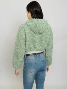 Chamarra corta para mujer estilo casual peluche teddy unicolor de moda con capucha para uso en temporada invierno - Verde - Ver 7