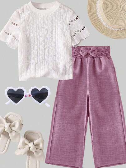 SHEIN Elladie kids Pantalones anchos casuales para niña con cintura fruncida y decoración de lazo 3D lindo