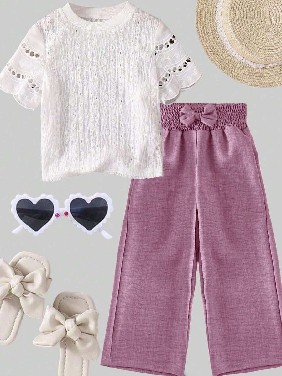 Elladie kids 少女束腰可爱3D蝴蝶结装饰休闲阔腿裤 - 中紫紅色 - 查看 1