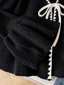 SHEIN Unity Women's Contrast Color Tie Front Casual Long Sleeve Cardigan Black,Sweaters For Women - Black - View 4