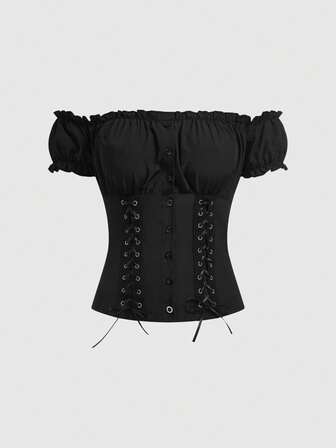 J-Fashion Süßes französisches minimalistisches Bandeau-Bodycon-Top mit Puffärmeln, Off-Shoulder für Frauen